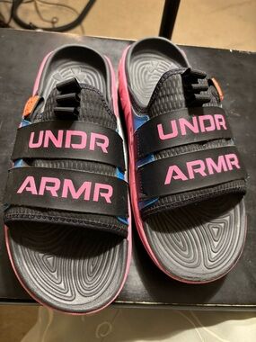 Under Armour Kids Black and Pink Double-Strap Slide Sandals